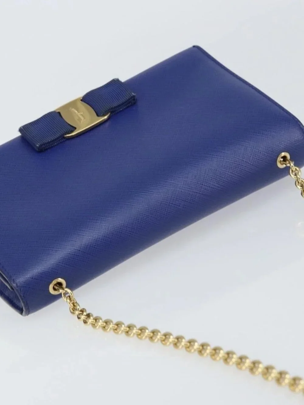 Salvatore Ferragamo Vala Chain Shoulder Bag Leather Blue Gold Auth 161081